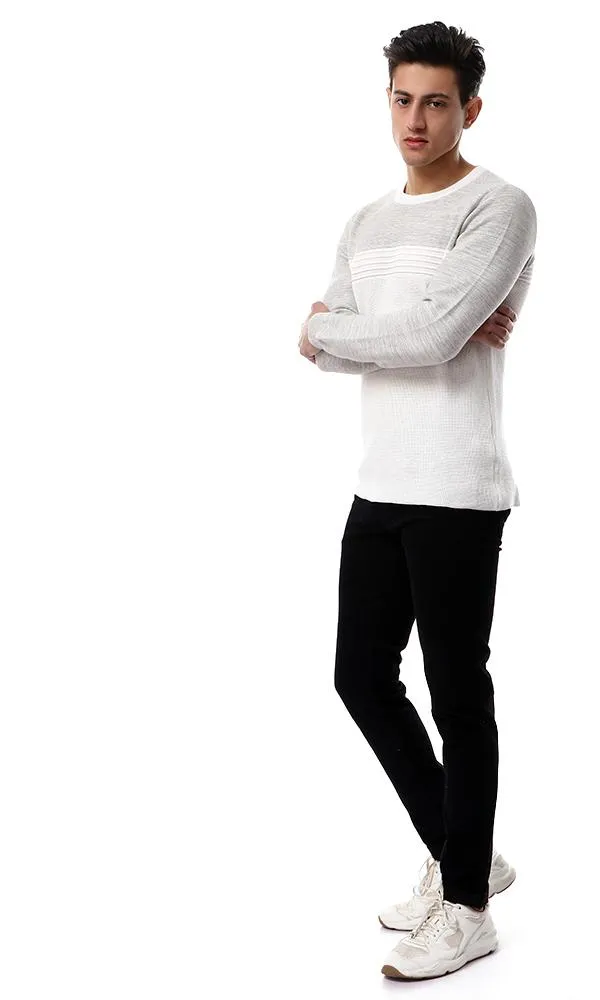 55017 Bi-Tone Round Neck Knitted Pullover - Heather Grey & Off-White